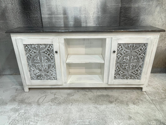 Distressed White Two door cabinet with an open middle #50