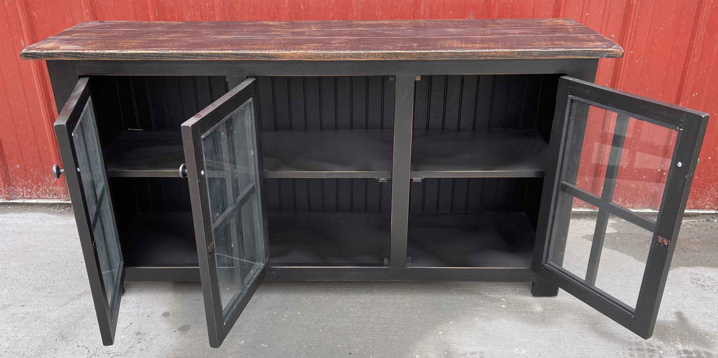 Black TV stand or console.  Glass doors #10